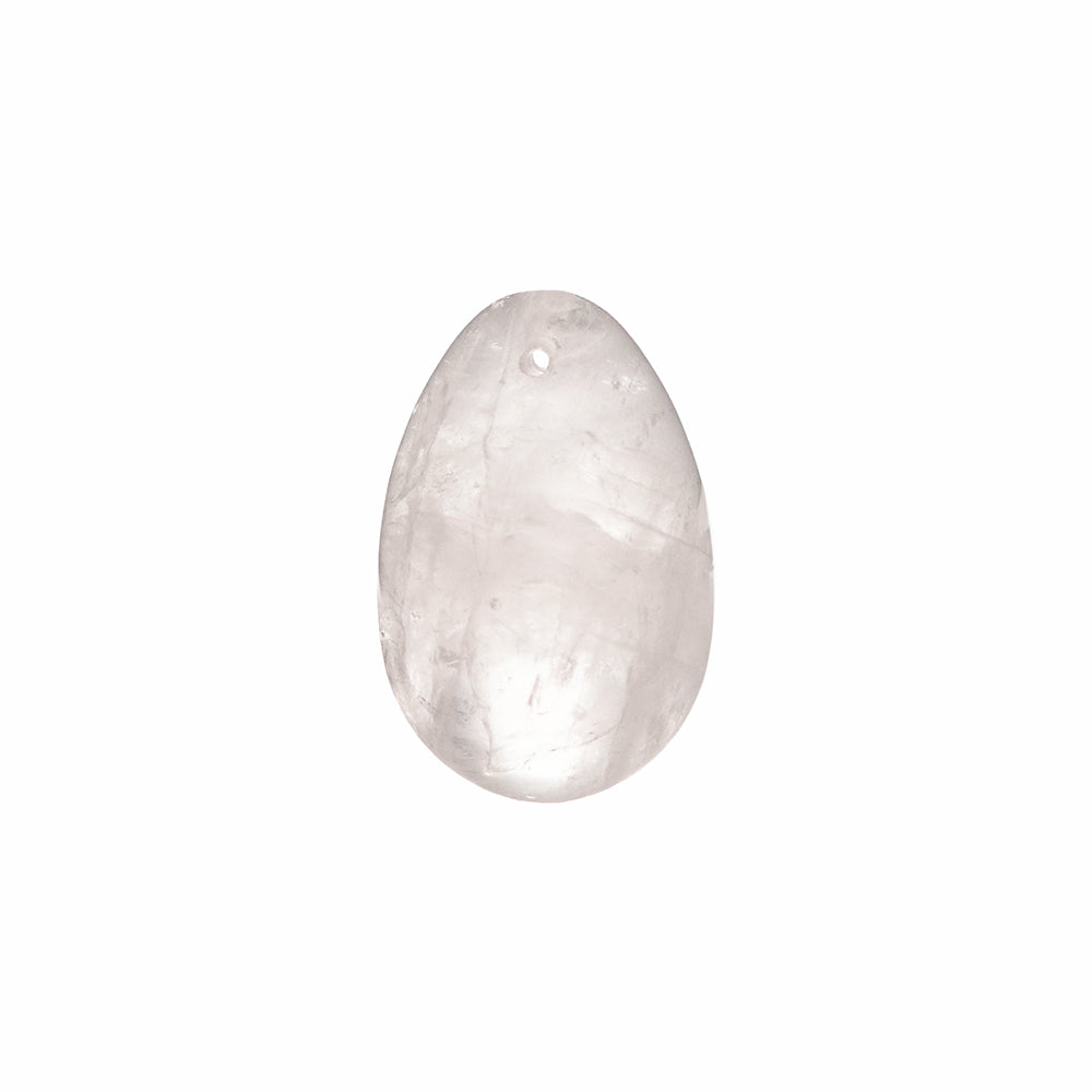 Chakrubs Prism Yoni Egg Clear Quartz (drilled) Upright view of translucent Chakrubs Prism drilled clear quartz egg