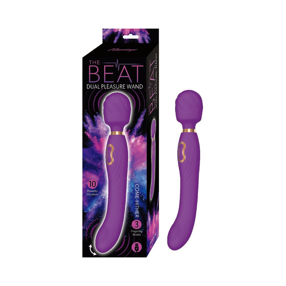 The Beat Dual Pleasure Wand Purple Purple The Beat dual-ended wand beside galaxy retail box