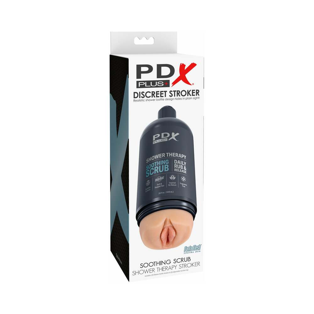 PDX Plus Shower Therapy Soothing Scrub Light light-tone PDX Soothing Scrub bottle-style stroker in white box
