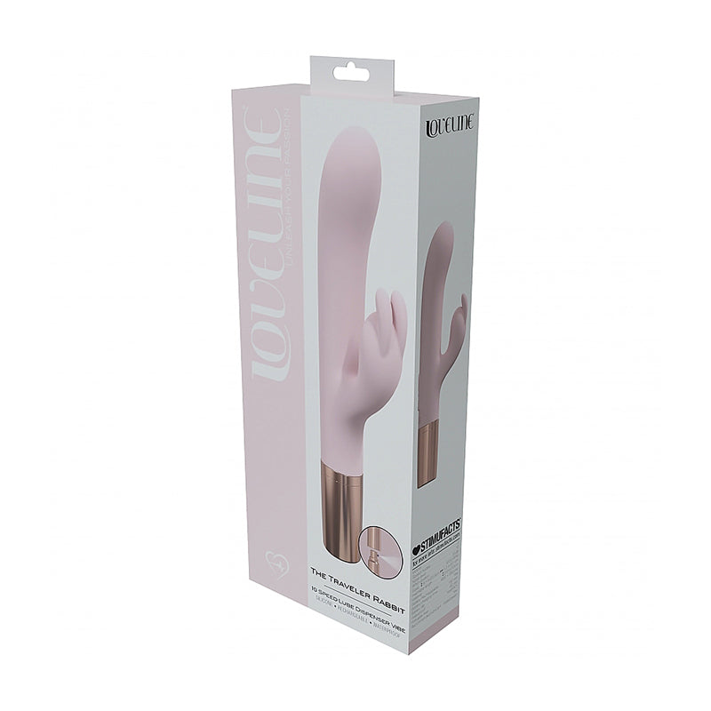 LoveLine Traveler Rabbit Silicone Rechargeable Splashproof Pink light pink LoveLine Traveler Rabbit vibrator shown in pale pink retail box