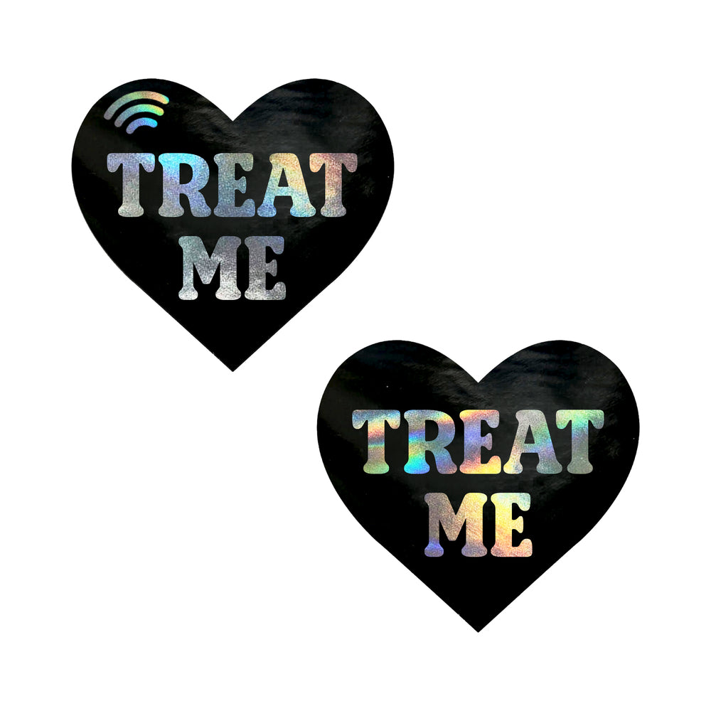 Neva Nude Treat Me Holographic Heart Smart NFC Pasties Neva Nude Holographic black holographic heart NFC pasties matching pair with bold lettering and NFC symbols