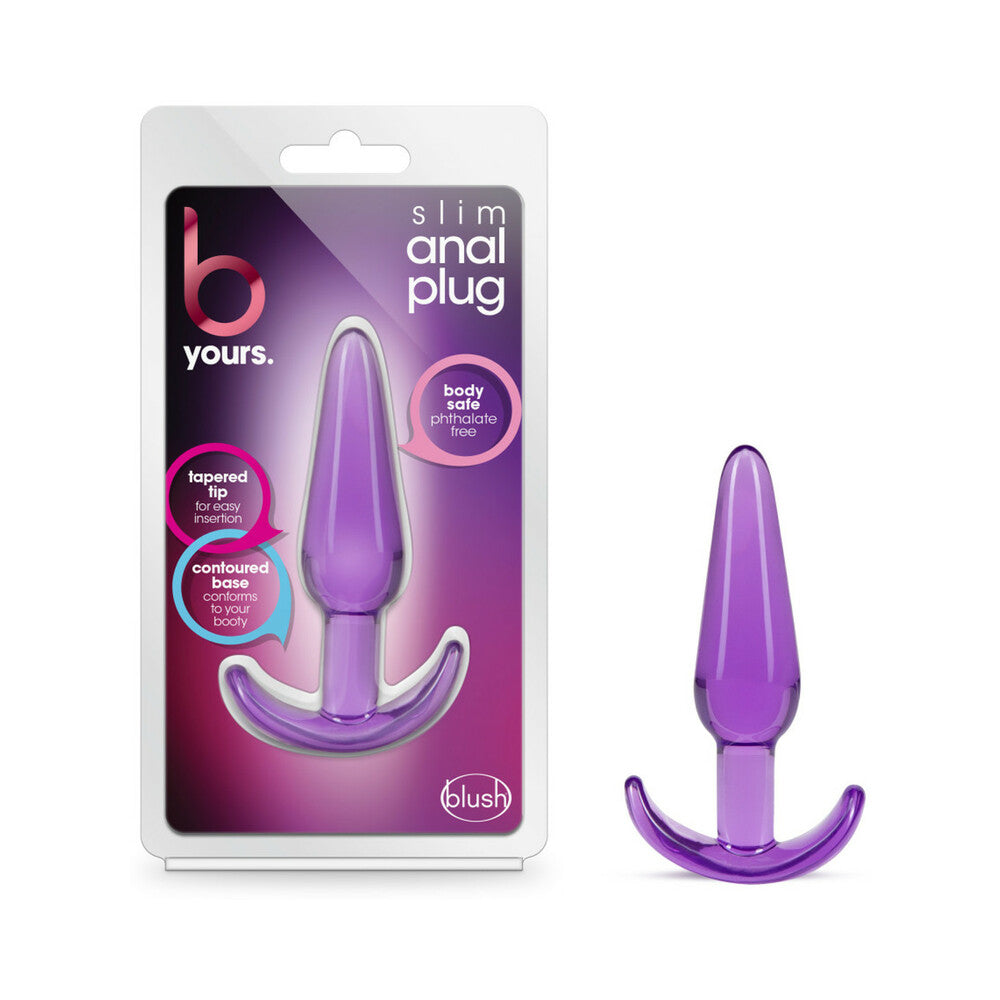 B Yours Slim Anal Plug Purple Slim purple B Yours plug beside clear retail package