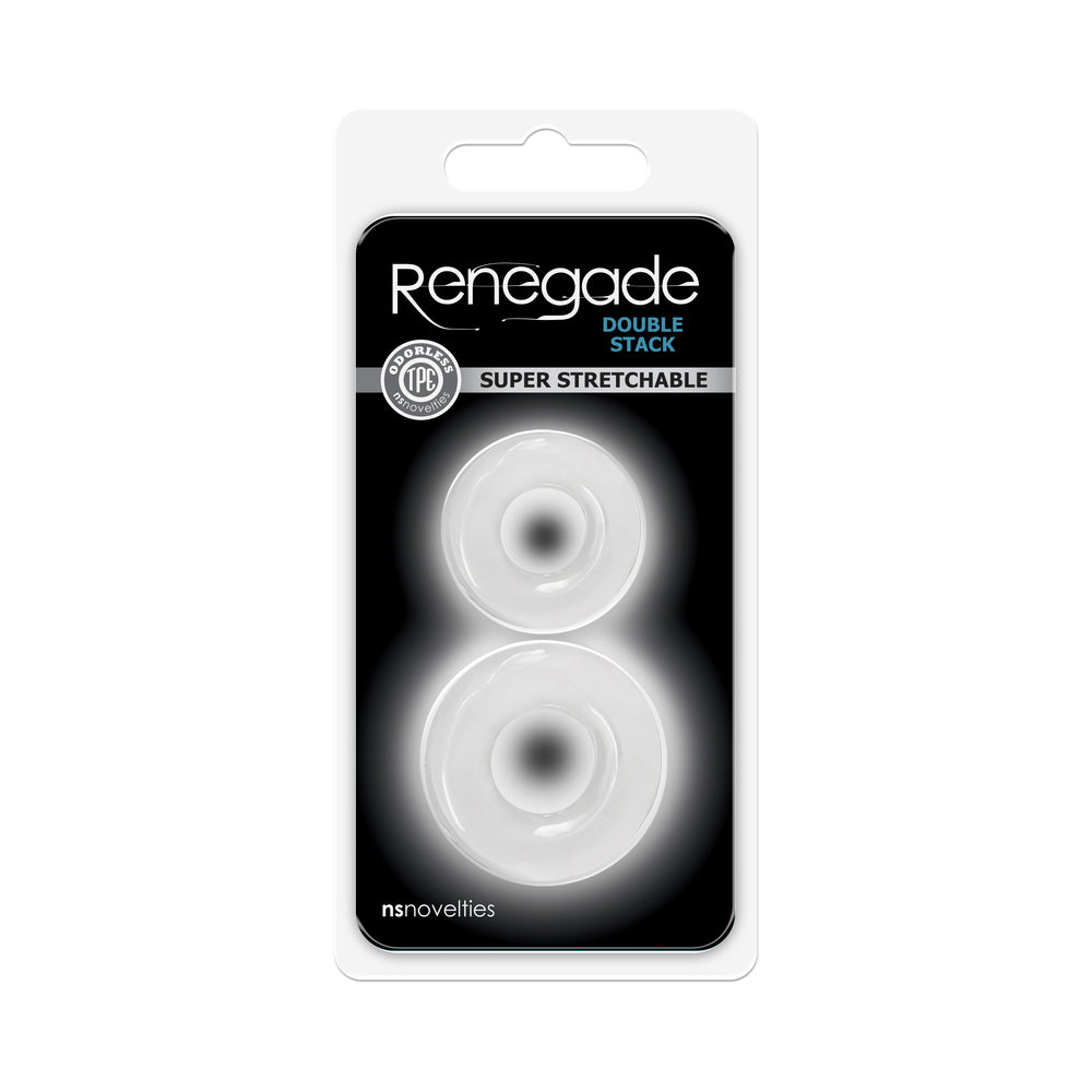 Renegade Double Stack Cock Rings 2-Pack Clear Renegade clear Double Stack rings black card package with two transparent rings aligned vertically