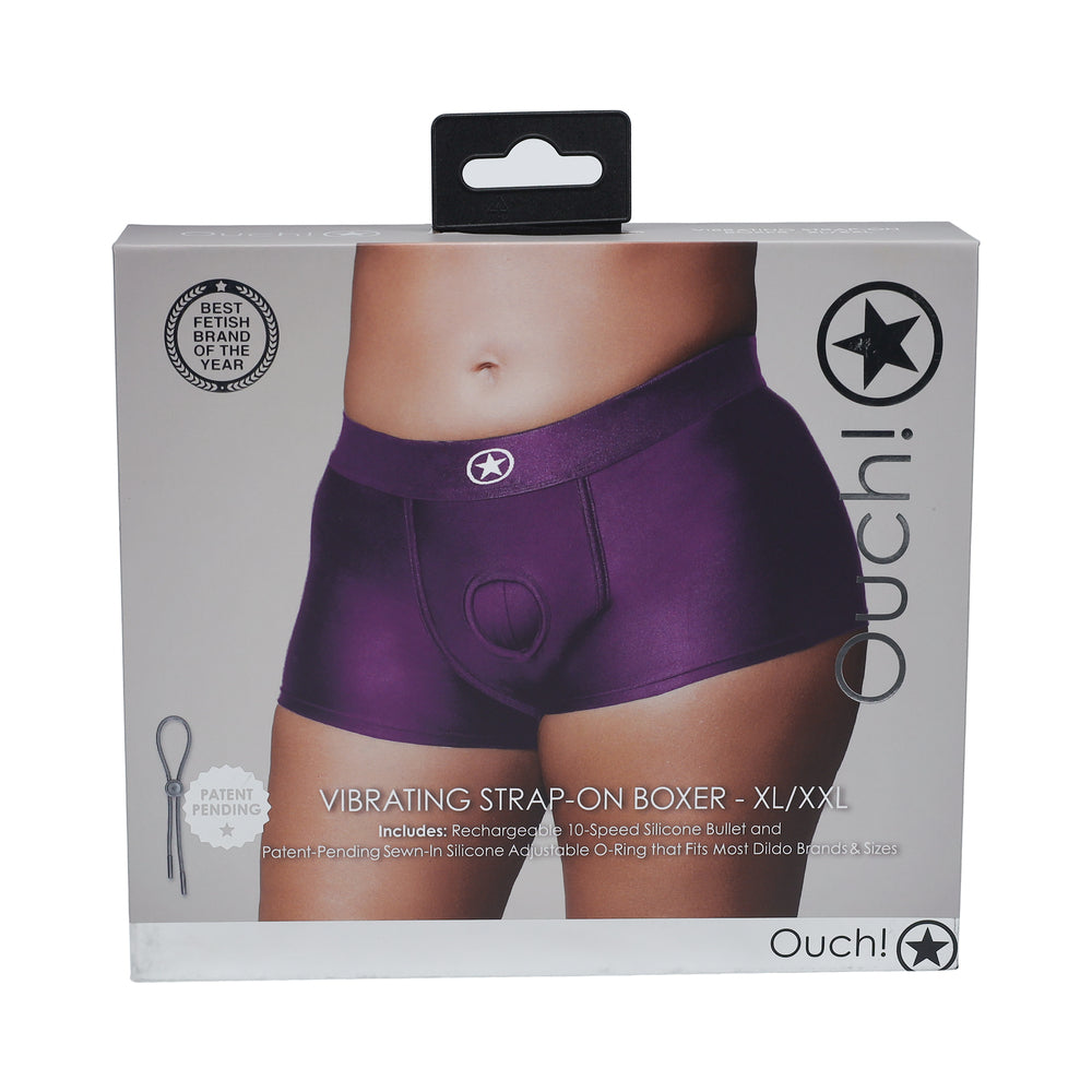 Ouch! Vibrating Strap-on Boxer Purple XL/XXL purple Ouch vibrating strap-on boxer XL/2XL pictured on gray box