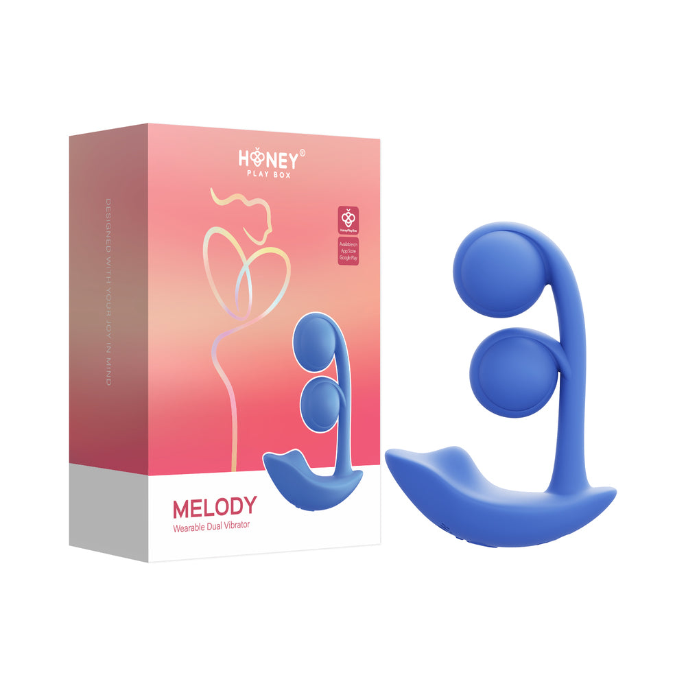 Honey Play Box Melody Pressure Sensing App-Controlled Twin Balls Dual Vibrator Blue Blue Honey Play Box Melody twin-ball vibrator beside pink box