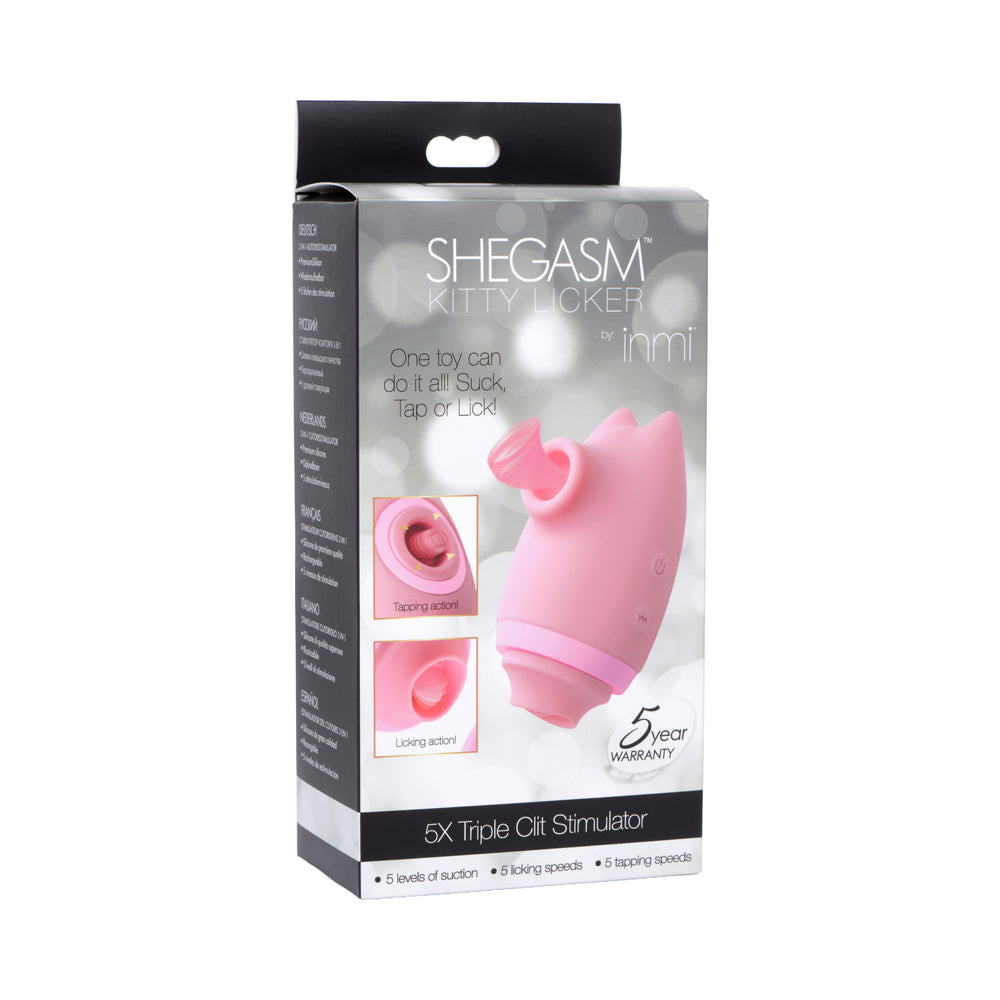Shegasm Kitty Licker 5X 3-in-1 Clit Stimulator Shegasm Kitty Licker 5X pink stimulator in black-and-clear retail packaging