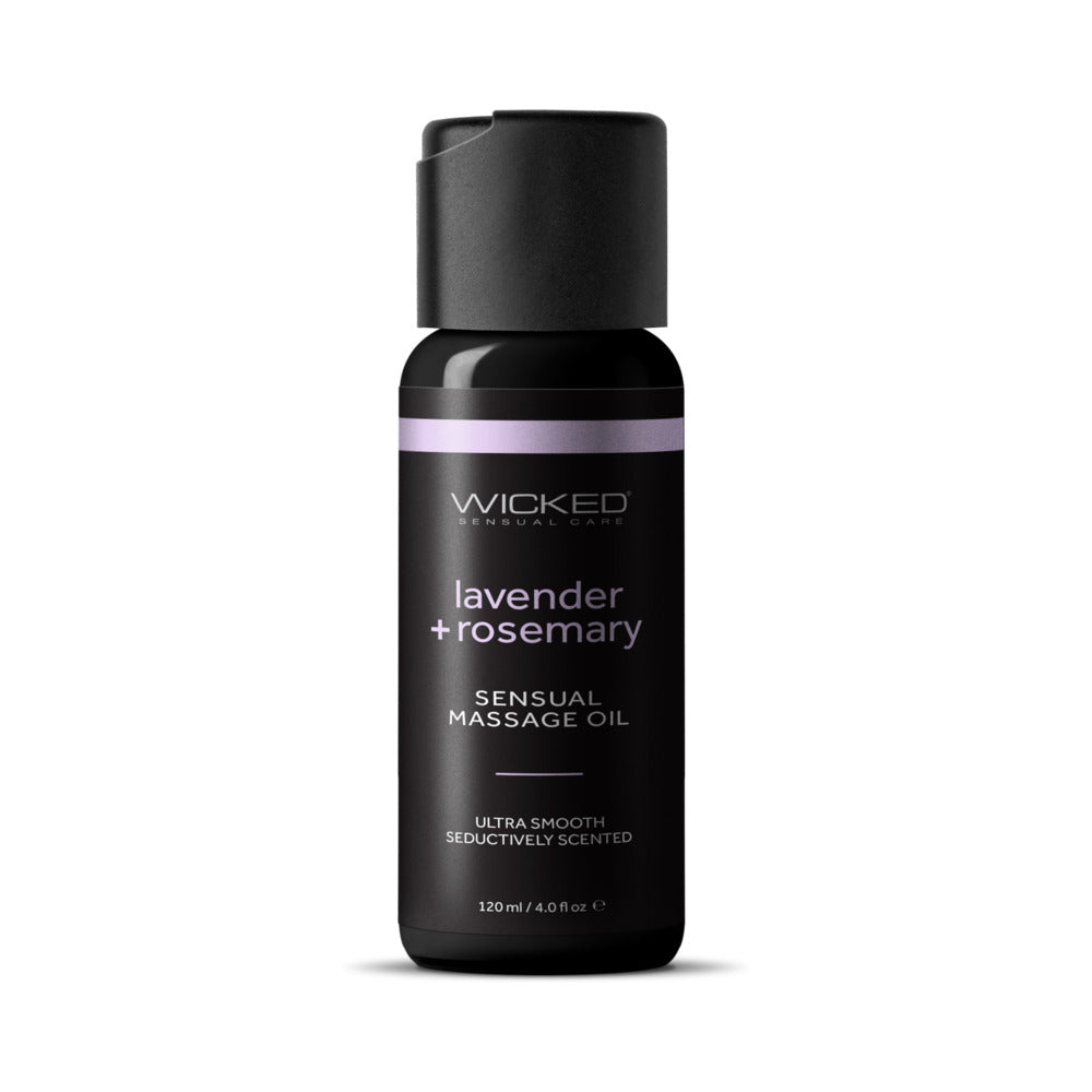 Wicked Lavender and Rosemary Massage Oil 4 oz. Front of black 4 oz Wicked Lavender and Rosemary massage oil bottle