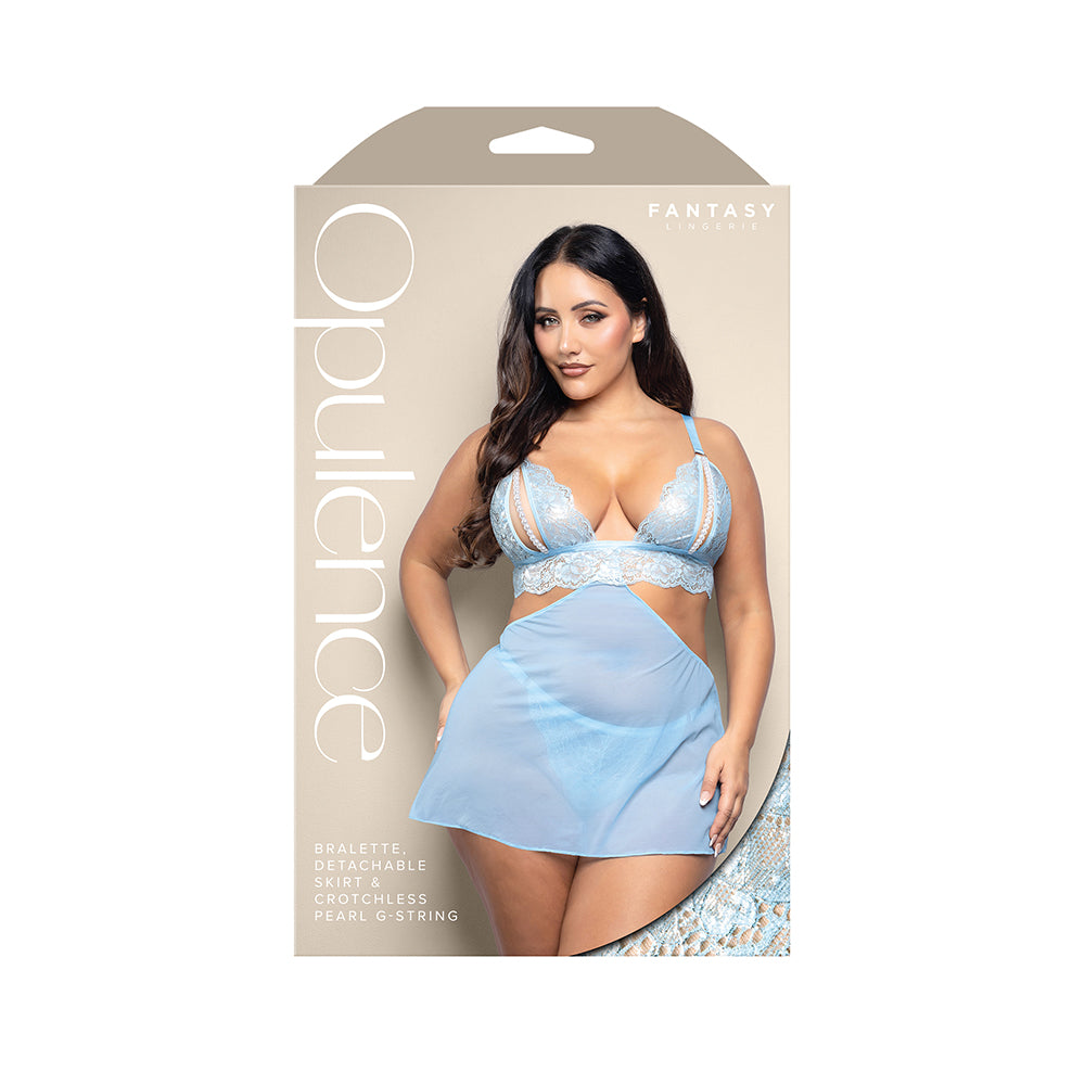 Fantasy Lingerie Opulence Split Pearl Cup Bralette, Detachable Skirt & Adjustable Pearl G-String Light Blue Queen Size Opulence light blue bralette skirt set Queen retail box
