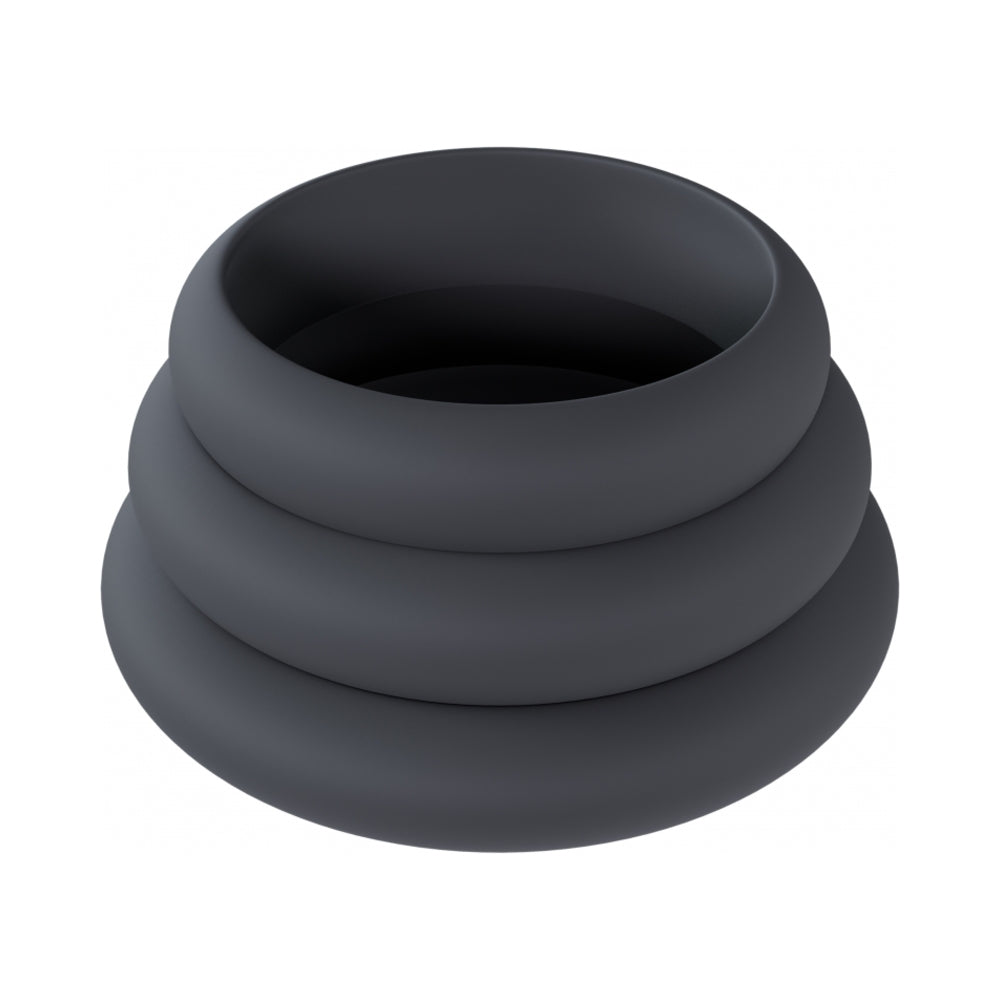 LEVELZ Wide O Silicone Cock Ring Set of 3 (42mm/50mm/55mm) Black Three black LEVELZ Wide-O silicone rings nested by size