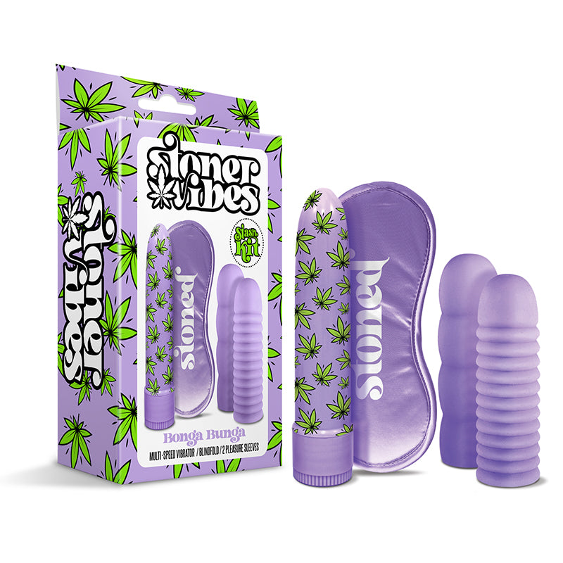 Stoner Vibes Stash Kit Bonga Bunga Purple Bonga Bunga kit with vibrator sleeves mask and leaf-print box