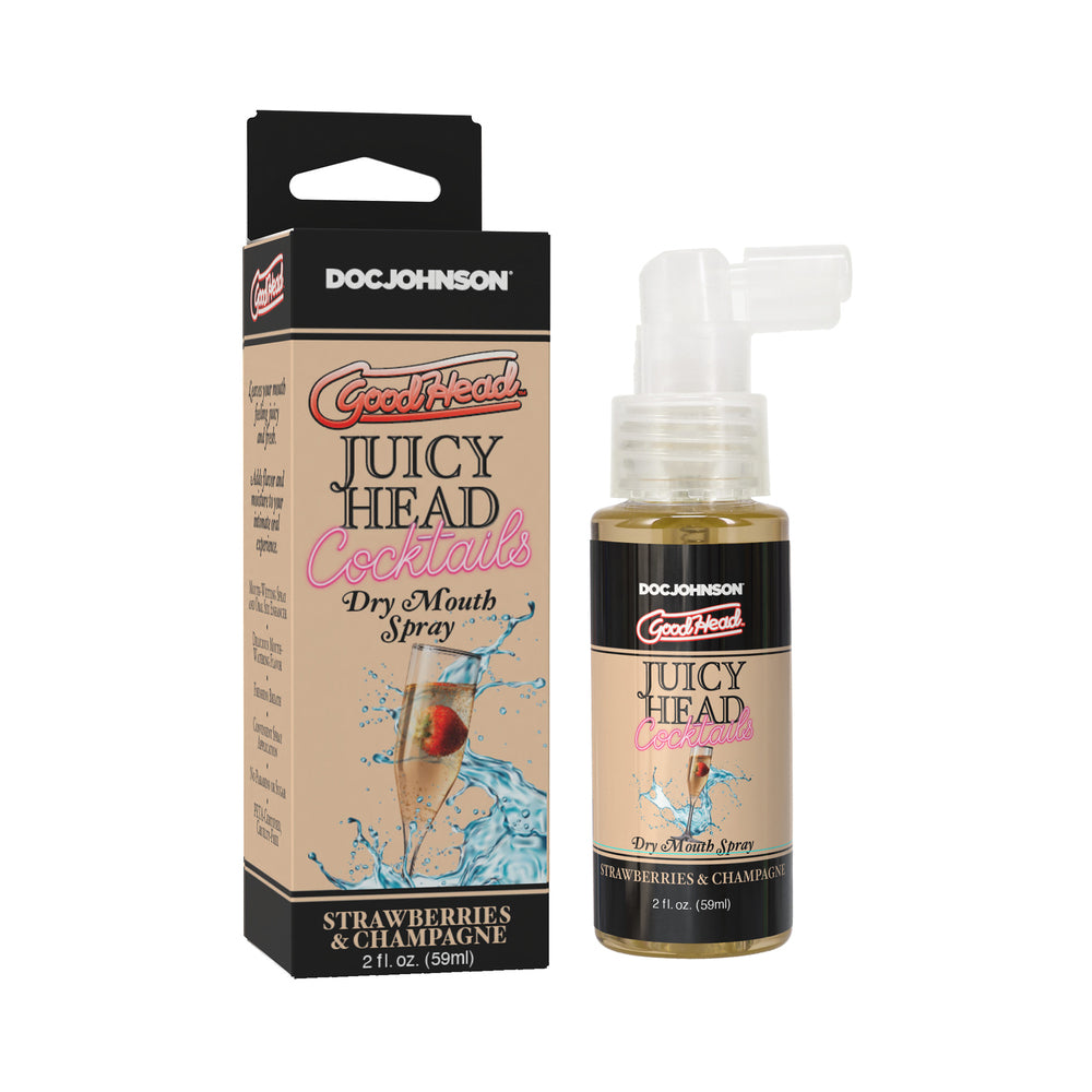 GoodHead Juicy Head Cocktails Dry Mouth Spray Strawberries & Champagne 2 oz. Juicy Head Strawberries and Champagne spray beside black box