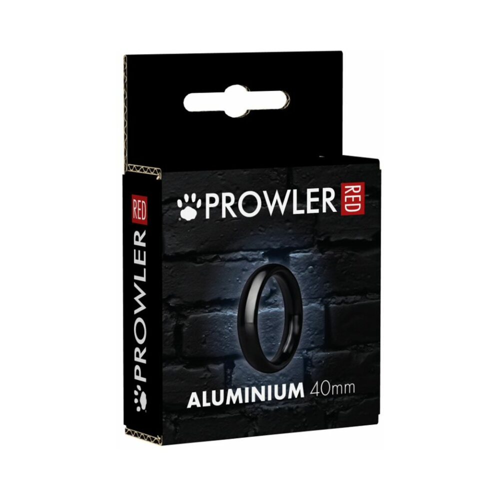 Prowler RED Aluminum Black 40mm Ring Prowler RED black 40 mm aluminum cock ring front of black brick-pattern carton with centered ring window