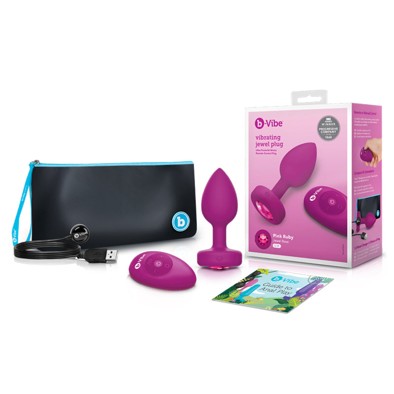 b-Vibe Vibrating Jewel Rechargeable Remote-Controlled Anal Plug with Gem Base Pink Ruby Small/Medium Pink ruby b-Vibe Vibrating Jewel plug set with box pouch cable and cards