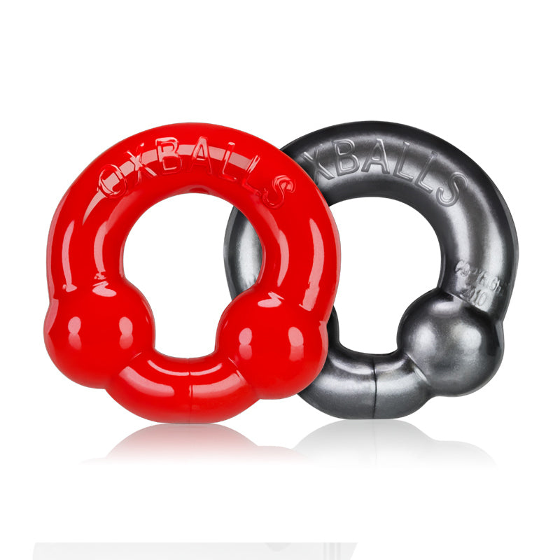 OxBalls 2-Pack Cockring, Steel & Red OxBalls Steel-Gray and Red TPE Cock Ring Pair
