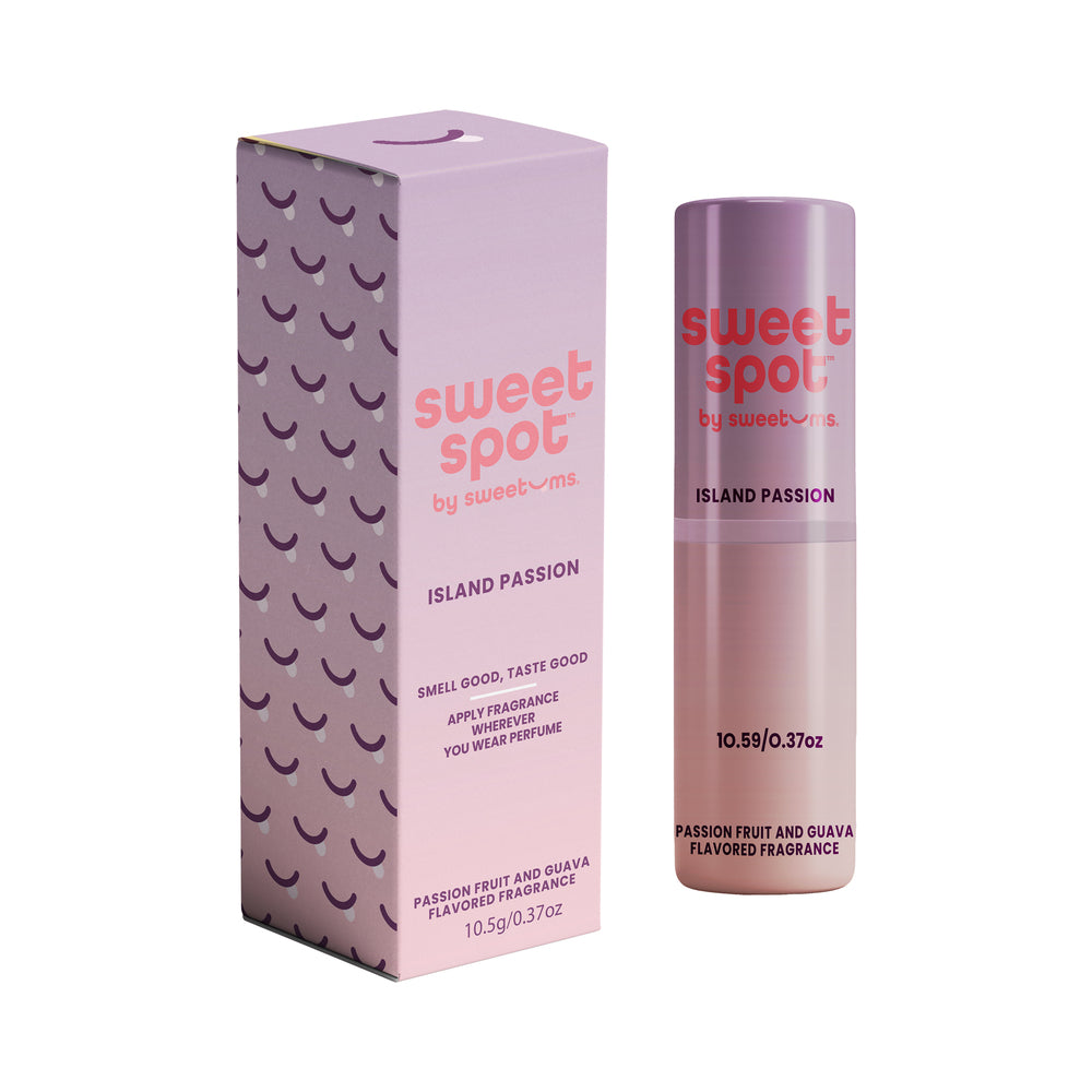 Sweetums Sweet Spot Flavored Fragrance Island Passion Sweetums Sweet Spot island passion flavored fragrance displayed as a lavender tube beside its retail box