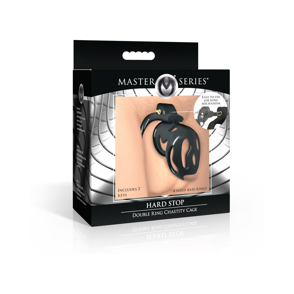 Master Series Double Ring Chastity Cage Master Series Hard Stop black double-ring chastity cage pictured in silver-and-black retail box