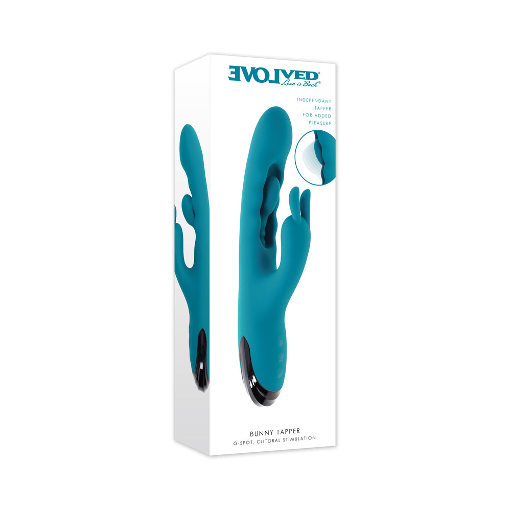 Evolved Bunny Tapper Center Shaft Independent Tapper Teal Evolved Bunny Tapper teal dual stimulator displayed in the tall white retail box