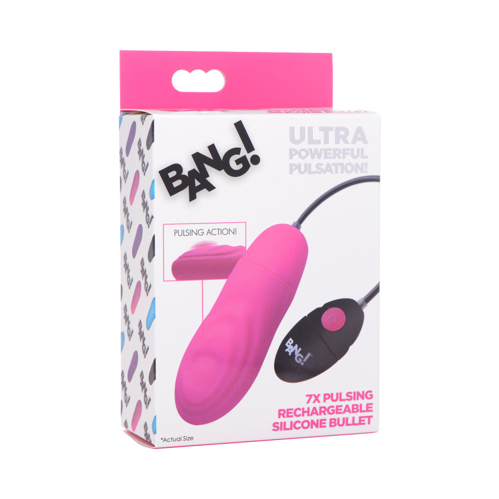 BANG! 7X Pulsing Rechargeable Silicone Bullet Pink Pink BANG 7X silicone bullet with black corded controller in retail box