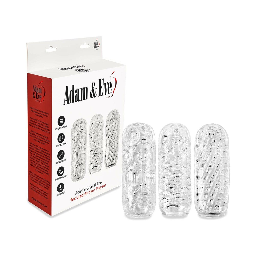 Adam & Eve Adam''s Crystal Trio Adam & Eve Crystal Trio three clear sleeves displayed beside retail box