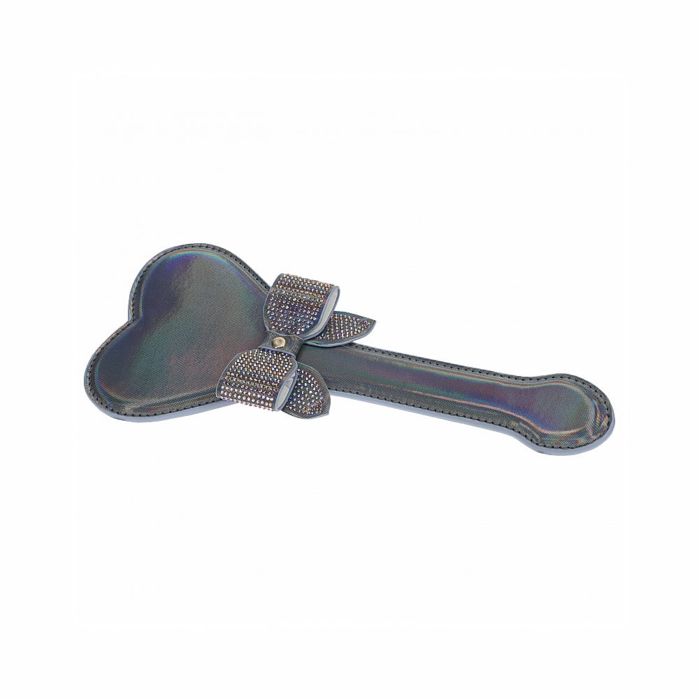 Ouch! International Paris Collection Paddle Black iridescent black heart-shaped Paris paddle with rhinestone bow accent