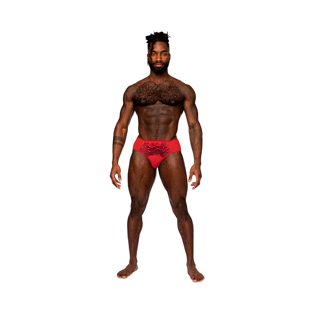 Male Power Sassy Lace Bikini Solid Pouch Red L Front view of red Sassy Lace solid-pouch bikini in large
