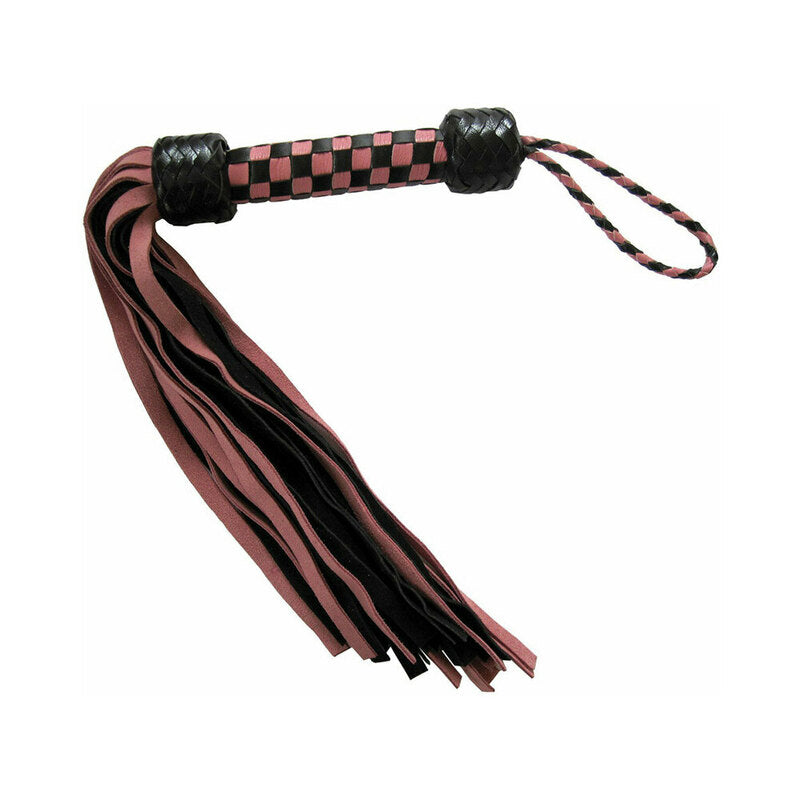 Short Suede Flogger Pink/Black short pink and black suede flogger with checker-woven handle and wrist loop