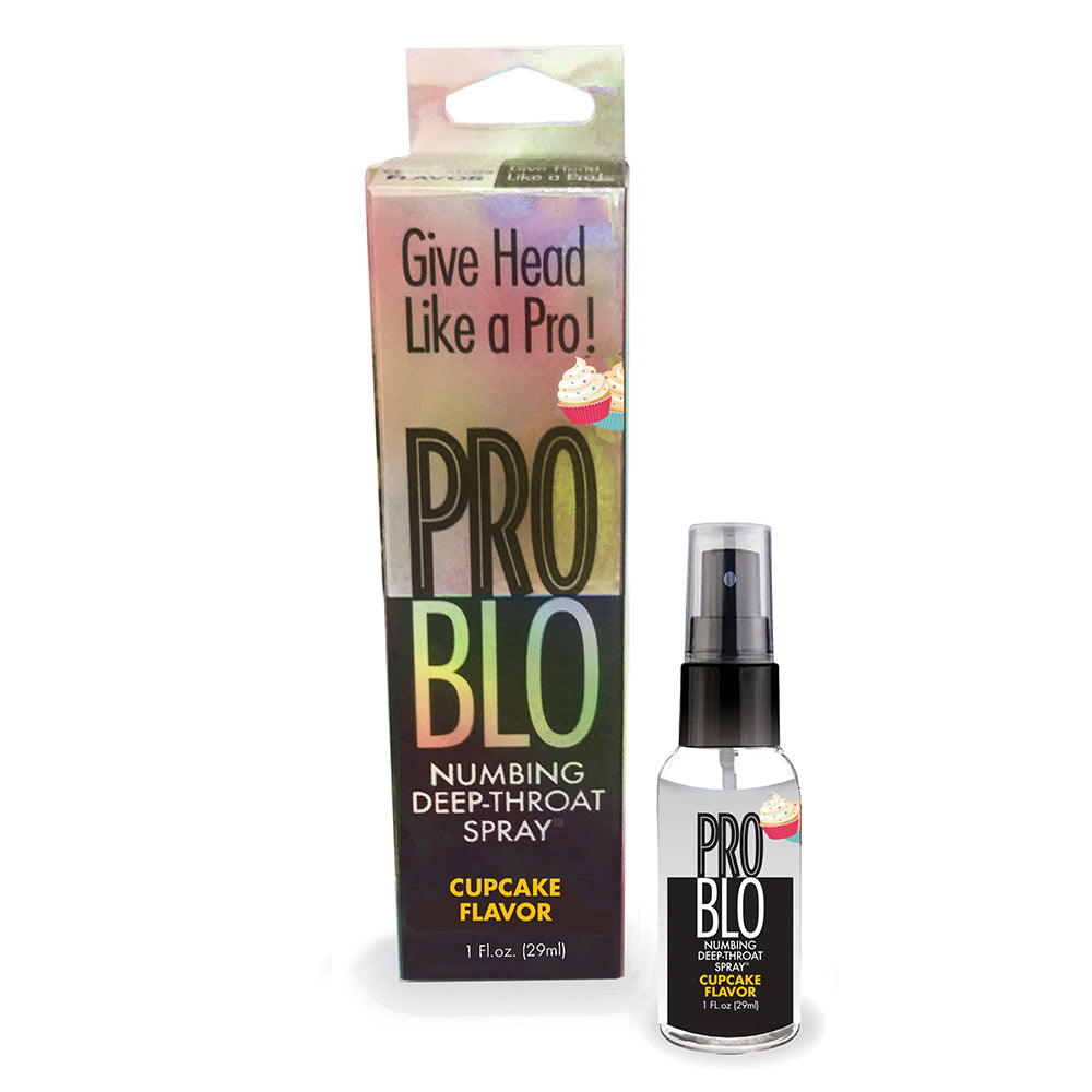 Pro Blo Numbing Spray Cupcake 1 oz. Pro Blo Cupcake 1 oz black pump bottle beside matching carton
