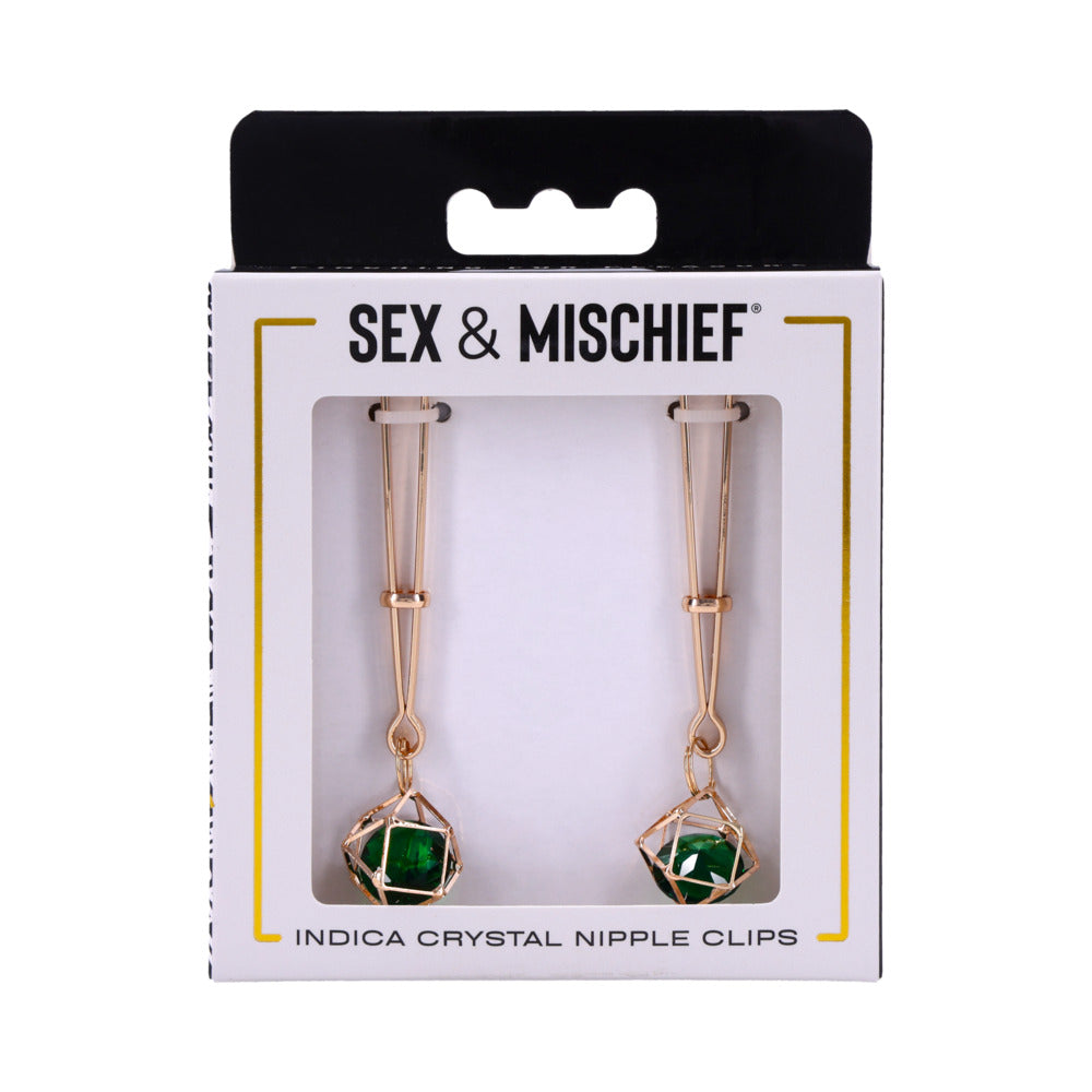 Sportsheets Sex & Mischief Indica Crystal Nipple Clips Pair of Sportsheets Indica gold-tone nipple clips with green crystal drops