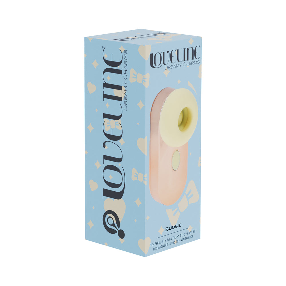 LoveLine Budsie AirTapTech Rechargeable Vibrator Yellow Shots LoveLine Budsie yellow AirTapTech vibrator retail box