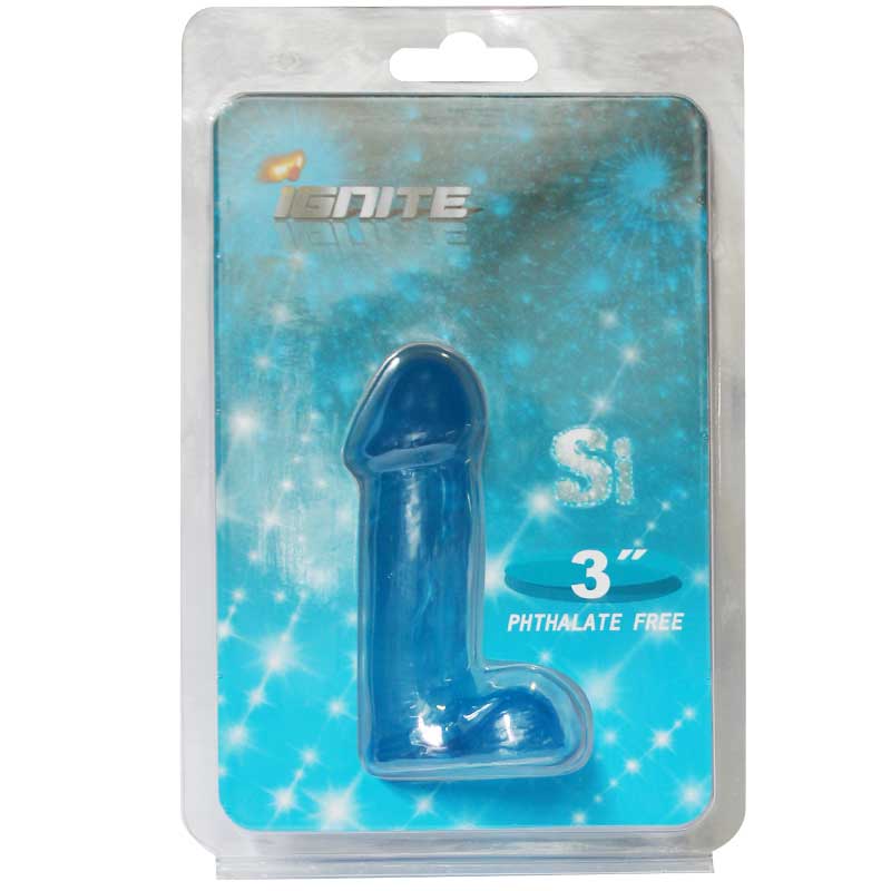 SI 3in Cock with Balls Blue Si Novelties Blue Pocket Cock blue three-inch PVC piece in clear hanging pack