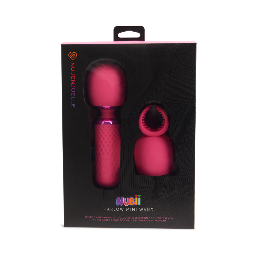 Nu Sensuelle Harlow Nubii Mini Wand W/ Masturbator Pink pink Harlow Nubii mini wand and two attachments displayed in black window box
