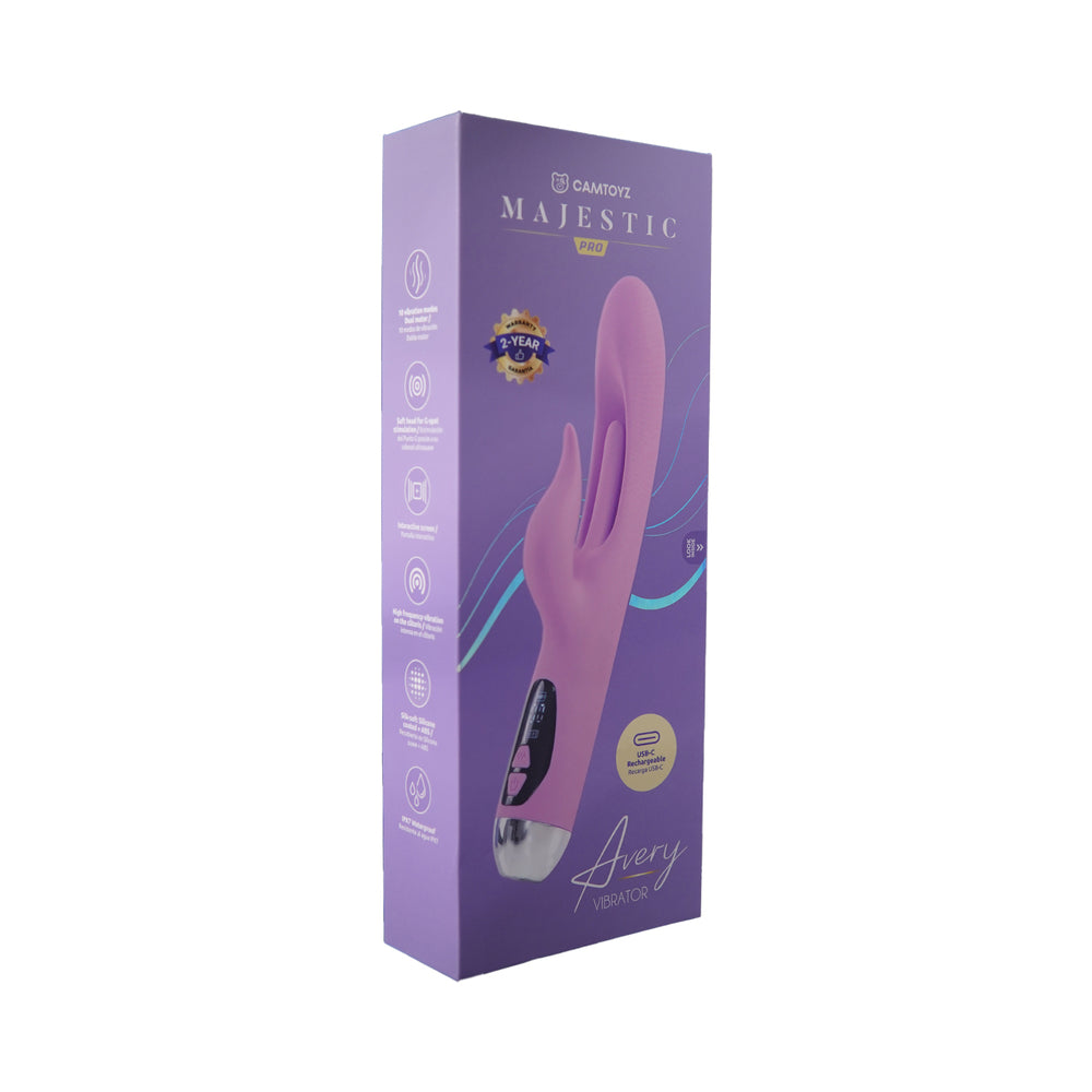 Camtoyz Rabbit Vibrator USB-C Charging Avery Camtoyz Avery magenta USB-C rabbit vibrator beside tall purple retail box