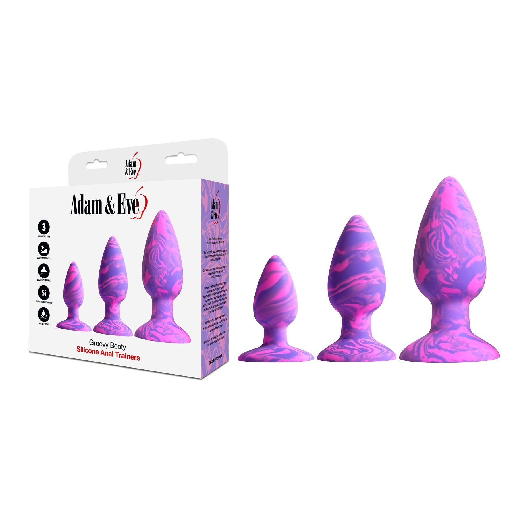 Adam & Eve Groovy Booty Silicone Anal Trainer Set Adam and Eve Groovy Booty purple trainer set beside white and purple retail box
