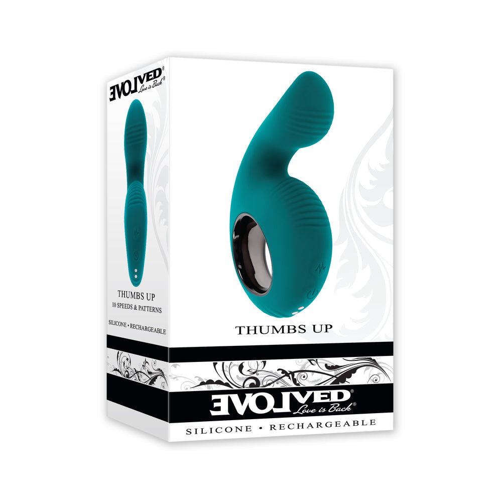 Evolved Thumbs Up Rechargeable Teal Evolved Thumbs Up teal ring-handle vibrator in white retail box