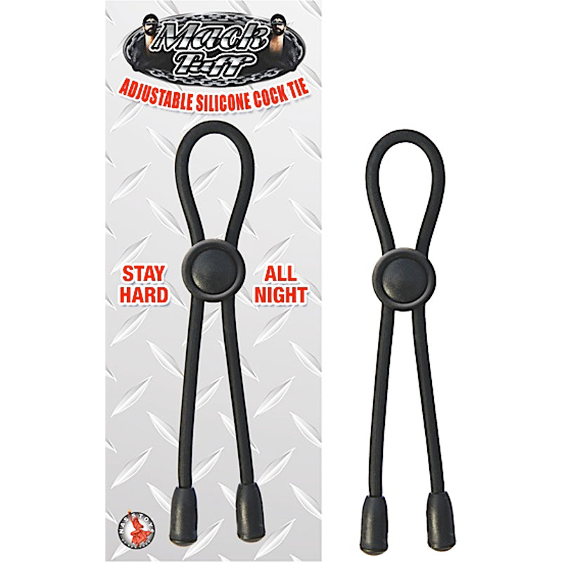 Mack Tuff Adjustable Silicone Cock Tie (Black) Lasso/Bolo Nasstoys Mack Tuff Adjustable Tie black double-loop tie beside white hanging card