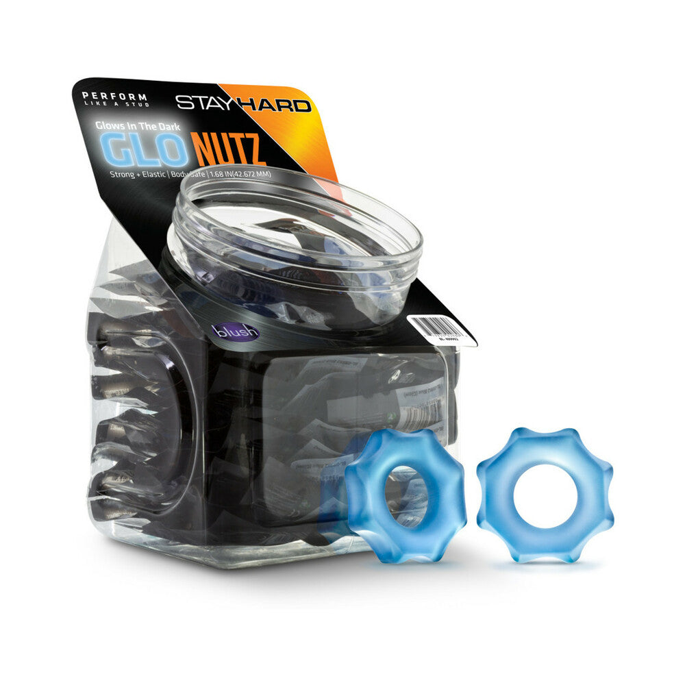 Stay Hard Glo Nutz Cockring 40-Piece Display Fishbowl Blue Blue Stay Hard Glo Nutz ring with clear 40-piece display container