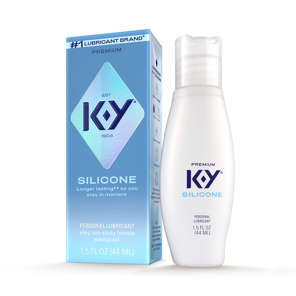 K-Y True Feel Premium Intimate Silicone Gel Lubricant 1.5oz. K-Y True Feel Silicone Gel 1.5 oz white bottle beside blue white retail carton