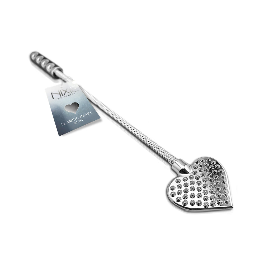 Nixie Metal Riding Crop Flaming Heart full-length Nixie silver riding crop with flaming heart tip