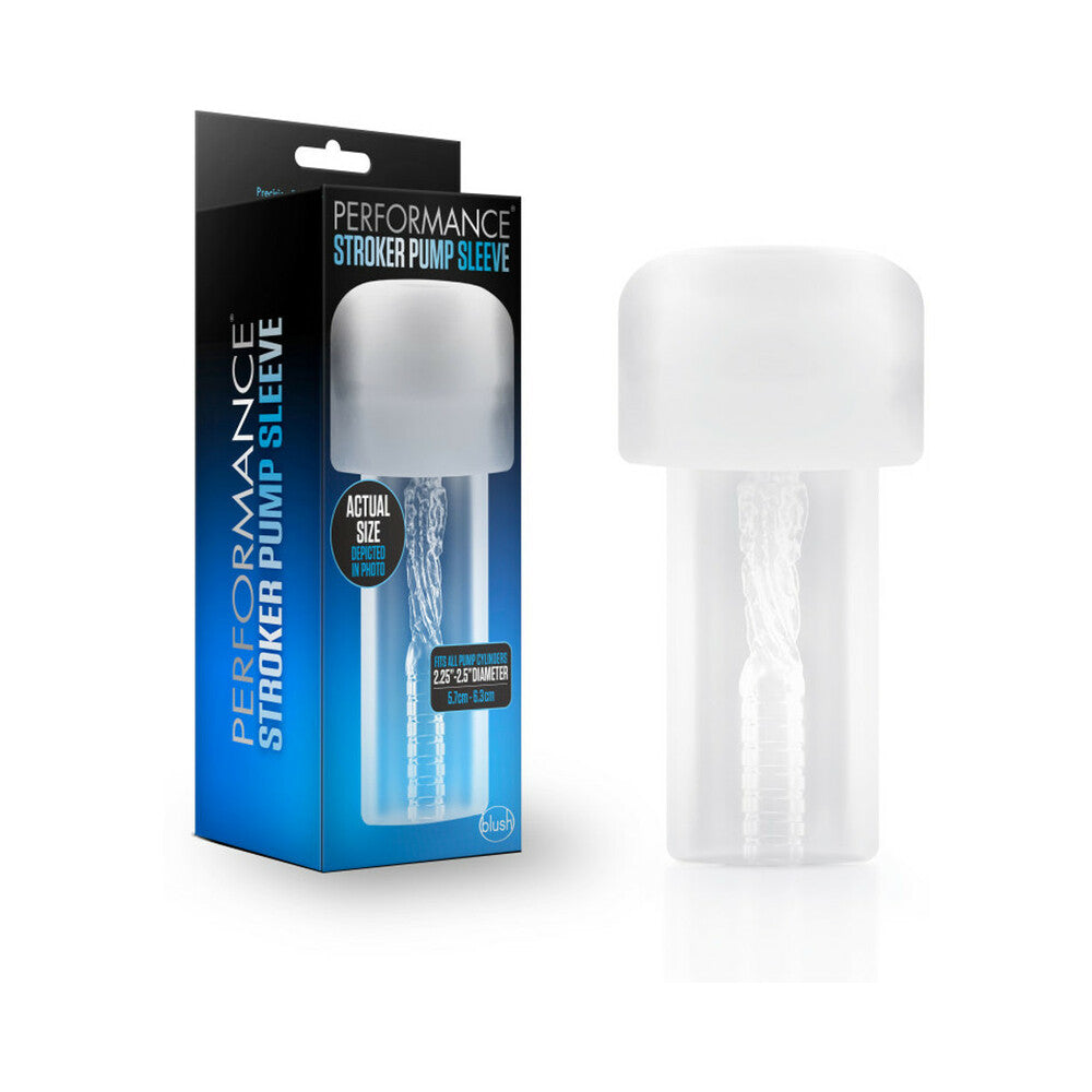 Performance Stroker Pump Sleeve Clear Blush Performance clear stroker pump sleeve beside retail box