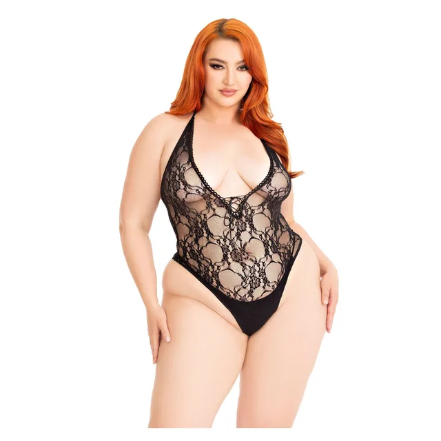 Plus Floral Lace Deep-V Teddy