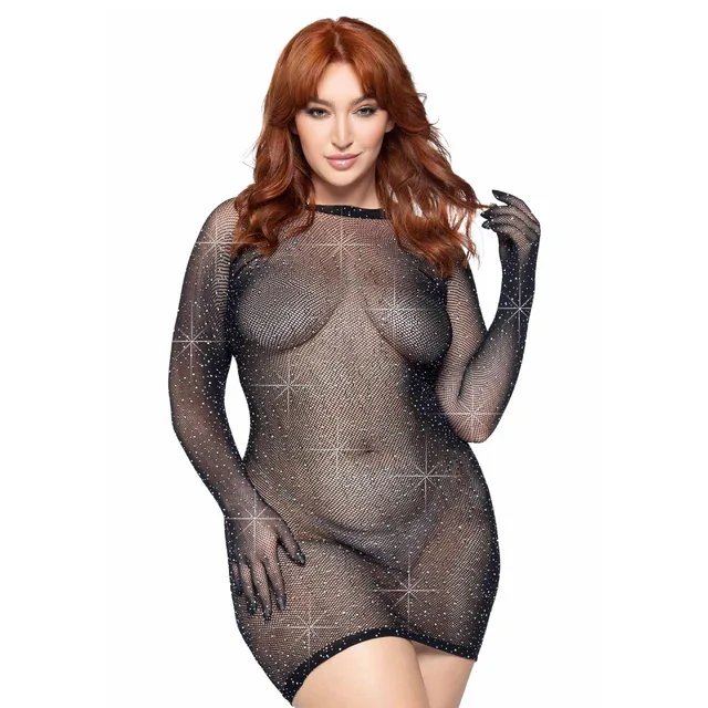 Plus Rhinestone Fishnet Gloved Mini Dress