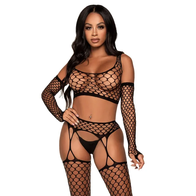 Net Crop Top, Garter Stockings and Gloves
