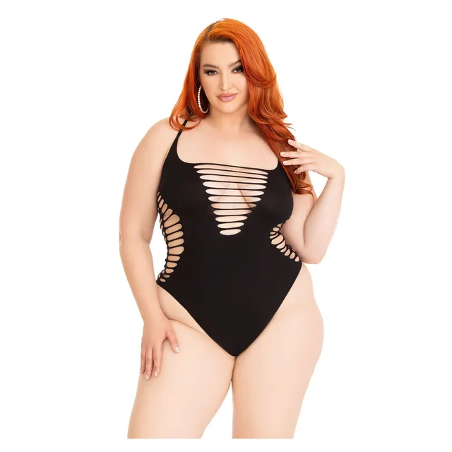 Plus Shredded Racer Back Thong Bodysuit