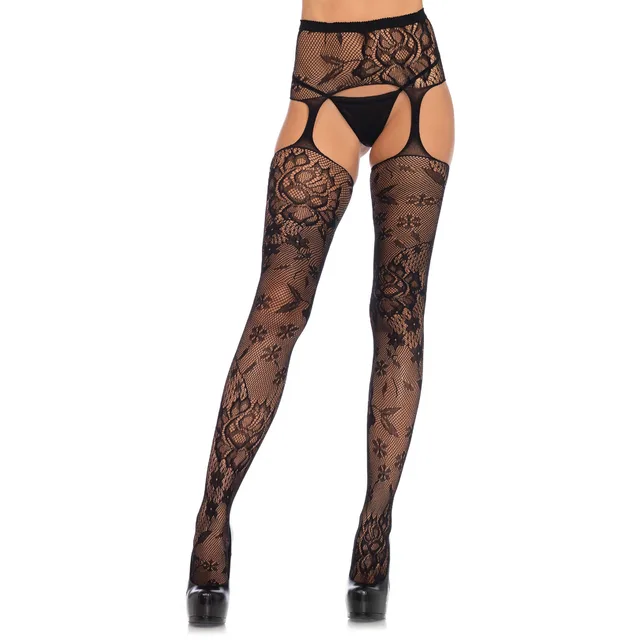 Floral Lace Stockings with Garter Belt