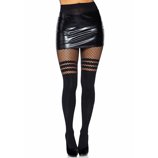 Seamless Opaque Pantyhose with Fishnet Stripe