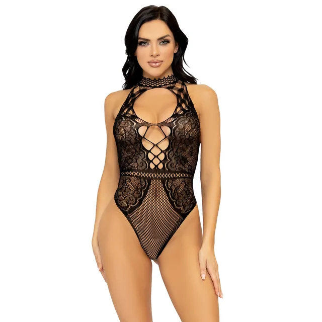 Net and Lace Keyhole Halter Bodysuit
