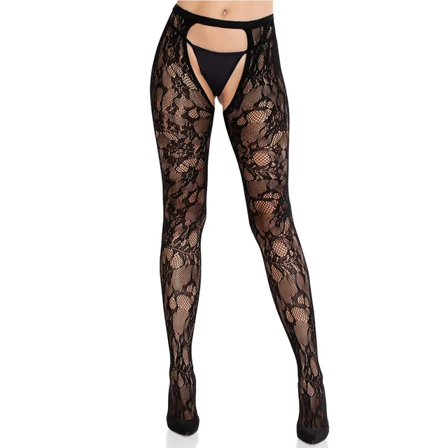 Rose Lace Crotchless Tights with Open Back