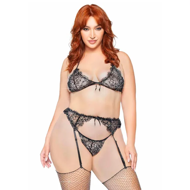 Plus Lace Bra Top, String and Garter Belt
