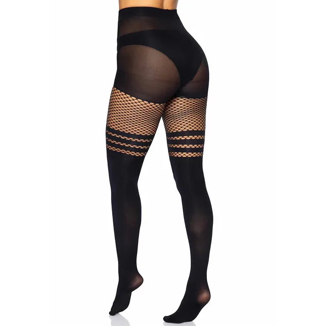 Seamless Opaque Pantyhose with Fishnet Stripe