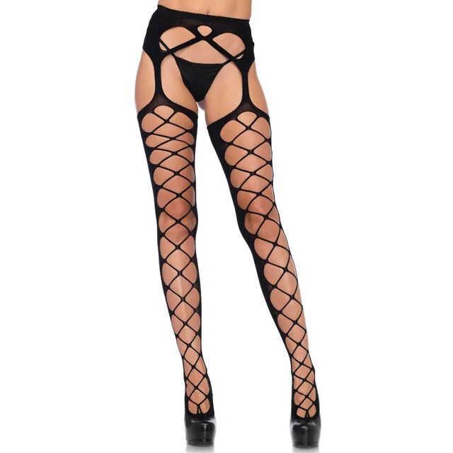 Diamond Net Opaque Stockings with Garter Belt